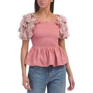 NWT WISHING WAVES Pink Puff Sleeve Smocked Blouse Size Large